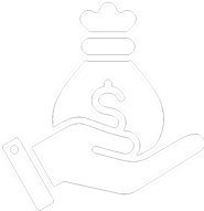 A white hand holding a money bag with dollar sign on it.